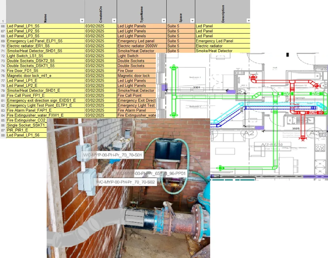 Structured COBie asset data, drawings and site evidence
