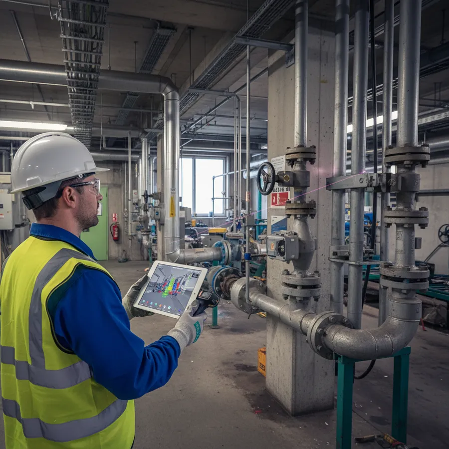 Engineer validating plant-room assets with a tablet